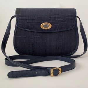 Navy Blue Leather Crossbody Handbag with Canvas